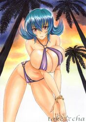 1girls bare_shoulders belly bent_over big_breasts bikini blue_hair blush bracelet bracelets breasts cleavage eyelashes female female_only fingernails gym_leader human large_breasts long_hair looking_at_viewer midriff nail_polish navel nintendo oppai outdoors palm_tree pokemon pokemon_gsc pokemon_hgss red_eyes sabrina_(pokemon) sabrina_(pokemon_hgss) sketch sky solo standing sunset swim_suit takecha text tree watermark