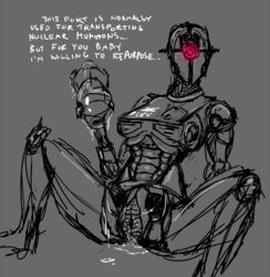 1girls assaultron dialog english_text fallout fallout_4 female heart heart-shaped_pupils inviting kl-e-0 machine metal monochrome partially_colored pussy_juice robot sketch slime solo text