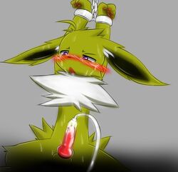 black_nose blush bondage bound eeveelution erection grey_background jolteon male male_only nintendo open_mouth penis penis_milking pokemon pokemon_(species) purple_eyes pvt._keron simple_background solo sweat video_games