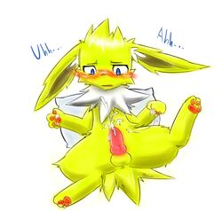 black_nose blue_eyes blush cum eeveelution erection jolteon male male_only nintendo orgasm penis pokemon pokemon_(species) pvt._keron simple_background solo video_games white_background