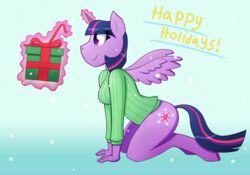 1girls 2015 alicorn all_fours anthro ass blue_hair bottomless breasts christmas cutie_mark equine female friendship_is_magic green_sweater horn horse long_hair magic multicolored_hair my_little_pony on_knees pink_hair pony present profile purple_eyes purple_fur purple_hair purple_skin riisuu smile solo sweater three_tone_hair twilight_sparkle_(mlp) unwrapping wings