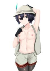 armpits black_hair black_legwear blue_eyes blush breasts collarbone deroo female gloves groin hat helmet highres kaban_(kemono_friends) kemono_friends looking_at_viewer medium_breasts navel nipples pantyhose pith_helmet shorts simple_background smile solo topless white_background