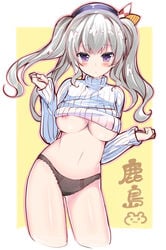 alternate_costume areola_slip areolae beret black_panties blush breasts female grey_hair hat kantai_collection kashima_(kantai_collection) large_breasts long_sleeves looking_at_viewer navel no_bra panties pikazo purple_eyes ribbed_sweater sketch solo sweater tied_hair turtleneck twintails underboob underwear