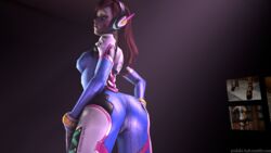 3d ass bodysuit brown_hair d.va female gloves hair headphones hiroshi-yoshiki large_ass long_hair looking_back overwatch solo solo_focus whisker_markings