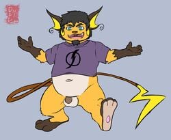 2014 anthro balls barefoot blue_background bottomless clothed clothing facial_hair flaccid front_view half-dressed hindpaw male male_only maverick_ryders_levin navel nintendo nokemy overweight paws penis pokemon pokemon_(species) raichu shirt signature simple_background smile solo soul_patch standing video_games walking watermark