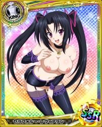 areolae ass bare_shoulders black_hair blush breasts card_(medium) collar erect_nipples female garter_belt high_resolution high_school_dxd large_breasts leggings legwear light_skin long_hair looking_at_viewer navel necklace nipples nude_filter open_mouth plump_ass pointy_chin purple_eyes ribbons serafall_leviathan short_skirt short_sleeves sitting skirt smile solo thighhighs tied_hair topless torn_clothes trading_card twintails