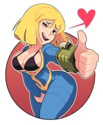 1girls bethesda_softworks bikini_top blonde_hair blush bodysuit bra breasts cleavage computer electronics fallout fallout_(series) fallout_4 female female_only gashi-gashi gesture human large_breasts mob_face pip-boy short_hair solo standing thick_thighs thumbs_up transparent_background vault_girl vault_meat vault_suit wink wristwear