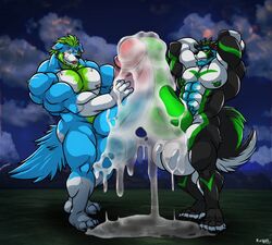 2014 abs anthro athletic aydenwusky balls beard biceps big_balls big_muscles big_penis black_fur black_nose blue_fur blue_hair blush brown_eyes canine claws closed_eyes cum cum_on_balls cum_on_penis duo erection excessive_cum facial_hair frottage fur green_fur green_hair green_nipples green_penis grin hair hands_behind_head hi_res holding_penis huge_balls huge_cock huge_muscles humanoid_penis husky hyper leaking male male_only mammal manly messy muscular muscular_male nipples nude orgasm pecs penis pose rackun sex smile standing tattoo thick_penis toe_claws toes tongue tongue_out white_fur