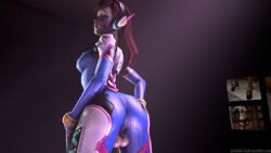 1futa 3d ass bodysuit brown_hair d.va dickgirl futa_only futanari gloves headphones hiroshi-yoshiki intersex large_ass long_hair looking_back overwatch penis solo testicles whisker_markings