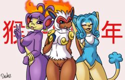 2015 absurd_res ambipom anthro big_breasts bottomless breasts chinese_text closed_eyes drako1997 ear_piercing eyelashes female female_focus female_only fire furry group half-dressed hand_behind_back hands_behind_head highres infernape mammal monkey nintendo nipples nude one_eye_closed open_mouth piercing pokémon_(species) pokemon pokemon_(species) primate purple_fur pussy simipour text tongue tongue_out v wink