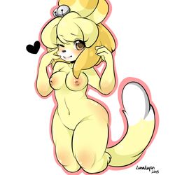 2015 alternate_breast_size animal_crossing blonde_hair brown_eyes female hair heart inverted_nipples isabelle_(animal_crossing) luna_lupin navel nintendo nipples nude one_eye_closed pussy simple_background slightly_chubby solo standing video_games white_background wink yellow_eyes