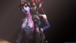 3d ahe_gao blue_skin bodysuit breasts brown_hair cum cum_on_breasts cum_on_face d.va female futa_on_female futanari gloves hair headgear headphones hiroshi-yoshiki implied_futanari intersex long_hair nipples overwatch penis purple_hair source_filmmaker tongue tongue_out whisker_markings widowmaker yellow_eyes