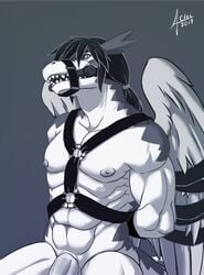 angry anthro black_hair black_sclera bondage bound dragon feathered_wings feathers flaccid hair harness leini long_hair male male_only muscular muscular_male nameless00 nipples penis solo windragon wings