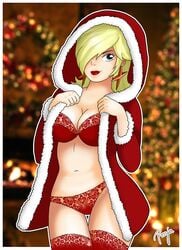 1girls blonde_hair blue_eyes blurry blurry_background bra breasts christmas christmas_lingerie cleavage earrings female female_only hair_over_one_eye human indoors inside jewelry large_breasts light-skinned_female light_skin lingerie lips lipstick long_hair looking_at_viewer mario_(series) nintendo panties princess_rosalina red_bra red_lingerie red_lipstick red_panties robe ronjaw smile solo standing thigh_gap thighhighs tree underwear