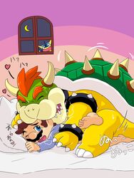 2boys amphibian anal anthro bara bed big_dom_small_sub blush bowser crossover duo frog from_behind gay gay_sex greninja heart hi_res human japanese_text kakaron koopa larger_male male male_only mammal mario mario_(series) multiple_boys night nintendo pokemon pokemon_(species) scalie size_difference slightly_chubby smaller_male steam super_smash_bros. sweat tears text video_games voyeur yaoi