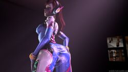 3d aftermath ass bodysuit brown_hair cum cum_in_ass d.va female gloves headphones hiroshi-yoshiki large_ass long_hair looking_back overwatch solo whisker_markings