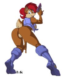 2013 alpha_channel anthro ass boots breasts brown_fur chipmunk clothing edit female female_only footwear fur gun handgun looking_back mammal open_mouth pistol pussy raised_tail ranged_weapon rodent sally_acorn sideboob solo sonic_(series) teer vest weapon