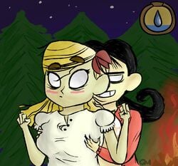 2girls black_hair blank_eyes blonde_hair blush breast_squeeze campfire clothed don't_starve don't_starve_together dont_starve dont_starve_together eyebrows eyelashes female female_only flower forest from_behind human human_only klei_entertainment long_hair multiple_girls night open_clothes open_shirt outdoors puffy_sleeves quackmeister shirt smile smiling surprised thick_eyebrows tied_hair tree trees twintails wendy_(don't_starve) white_eyes willow_(don't_starve) yellow_hair yuri