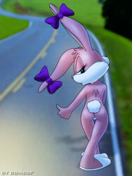 ass babs_bunny bbmbbf bow detailed_background female fur half-closed_eyes hitchhiking lagomorph looking_at_viewer looking_back mammal nude outside photo_background pink_fur public_nudity pussy rabbit rear_view solo tiny_toon_adventures uncensored warner_brothers