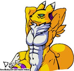 1boy abs alpha_channel anthro black_sclera canine dante-feline digimon flaccid fox fur green_eyes low_res male male_only mammal multicolored_fur muscular muscular_male neck_tuft pecs penis renamon simple_background smile solo transparent_background tuft two_tone_fur white_fur yellow_fur