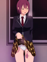 arato_hisako blush female highres panties purple_hair school_uniform shokugeki_no_souma short_hair skirt skirt_lift solo underwear vibrator vibrator_under_clothes vibrator_under_panties yellow_eyes