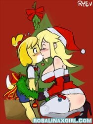 2girls animal_crossing anthro ass big_breasts blonde_hair blush breasts canine christmas christmas_tree crossover dark_ryev dog female female_only fur furry heels height_difference human human_on_anthro interspecies isabelle_(animal_crossing) kissing kneeling large_breasts long_hair mammal mario_(series) mistletoe multiple_girls nintendo princess_rosalina ryev santa_costume size_difference text thighhighs thighs url watermark yuri