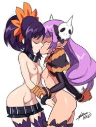 2girls arm_grab ass bigdeadalive blush bracelet breasts choker closed_eyes crossover disgaea disgaea_5 female fingering fur_trim gloves hair_ornament highres kissing long_hair majorita_(disgaea) multiple_girls navel nipples nippon_ichi_software pink_hair pointy_ears purple_hair purple_legwear short_hair short_shorts shorts shorts_down simple_background skull_hair_ornament small_breasts symonne_(tales) tales_of_(series) tales_of_zestiria thighhighs tied_hair twintails white_background yuri