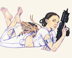 animal armband attack_of_the_clones barefoot blaster clothed creature edit feet firearm gun holding_gun holding_object lipstick lying natalie_portman nexu on_person on_stomach padme_amidala pink_lipstick pinup posing rifle ripped_clothing scott_blair simple_background soles star_wars tearing tearing_clothes tearing_clothing tearing_up toe_ring toes torn_clothes torn_clothing white_background