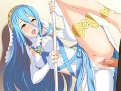 artist_ass azura_(fire_emblem) azurrin barefoot blue_hair blush breasts censored corrin_(fire_emblem) corrin_(fire_emblem)_(male) dancer dress female fire_emblem fire_emblem_fates hou_(hachiyou) long_hair male nintendo open_mouth penetration pole pussy sex spread_legs vaginal_penetration weapon yellow_eyes