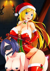 2girls all_fours antlers bdsm bit_gag blindfold blonde_hair blue_eyes blue_hair blush bondage bound breasts brick_wall candlelight candles choker christmas clothing corset covered_nipples dildo dildo_under_panties dominatrix dungeon duo elbow_gloves fake_antlers female femdom femsub gag gagged gloves hat heart_pasties highres large_breasts latex latex_corset latex_gloves latex_panties latex_thighhighs lezdom long_hair looking_at_viewer makeup multiple_girls nipple_piercing no_bra open_mouth original panties pasties pet_play petplay piercing pony_play ponyplay red_panties reindeer_antlers reins saint_andrew's_cross santa_costume santa_hat sex_dungeon sex_slave short_hair sitting sitting_on_person sitting_on_sub slave smile stockings thighhighs ura_fushigi wooden_floor x_frame yuri