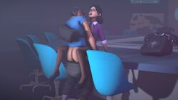 1boy 1girls 3d ass backpack black_hair breasts female garters glasses hat high_heels human male miss_pauling on_table open_shirt scout_(team_fortress_2) source_filmmaker straight team_fortress team_fortress_2