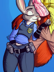 anthro badge ball_lick balls belt blue_background breasts brown_fur canine closed_eyes clothed clothes clothing disney duo erection female fox fur handjob judy_hopps lagomorph larger_male licking liquidmark male mammal masturbation nick_wilde oral partial_male penis police sex simple_background size_difference smaller_female straight tongue tongue_out vein veiny_penis zootopia