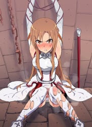 1girls against_wall angry arms_up belt blush bondage bound bound_arms breasts brick_floor brick_wall brown_eyes brown_hair captured chains clothing elbow_gloves female full_body gloves highres ishii_takamori long_hair looking_at_viewer panties pee peeing peeing_self prison_cell restrained sitting solo steam sweat sword_art_online thighhighs torn_clothes torn_thighhighs underwear urine wet_panties wetting white_gloves white_legwear white_panties yuuki_asuna
