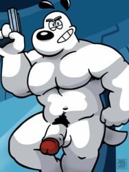 1boy 4_fingers anthro anthrofied armpit_hair balls biceps big_nose big_pecs biped blue_eyes canine cel_shading dudley_puppy erection fist front_view fur glans grin gun handgun hi_res holding_object holding_weapon huge_muscles humanoid_penis inside looking_at_viewer male male_only mammal manly multicolored_penis musclegut muscular muscular_male navel nickelodeon no_pupils pecs penis pinup pistol portrait pose pubes ranged_weapon red_penis retracted_foreskin short_tail slightly_chubby smile solo solo_focus standing t.u.f.f._puppy tehbluebubble three-quarter_portrait toony two_tone_penis uncut watermark weapon white_balls white_fur white_penis white_tail