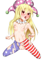 after_sex american_flag american_flag_legwear blonde_hair blush breasts clownpiece cum cum_in_mouth cum_on_body cum_on_breasts cum_on_tongue cum_on_upper_body facial female hat jester_cap kneeling kuranosuke long_hair navel nipples no_panties open_mouth pantyhose pussy red_eyes small_breasts solo tears tongue tongue_out topless torn_clothes torn_pantyhose touhou very_long_hair