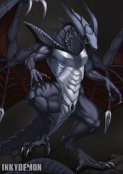 1boy animal_genitalia anthro bahamut_(final_fantasy) blue_scales cloaca dragon final_fantasy final_fantasy_viii green_eyes inkydemon male male_only muscular muscular_male nude open_mouth pose reptile scales scalie simple_background solo video_games western_dragon wings