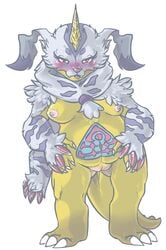 anthro barefoot beelzemon_(artist) blush breasts digimon female front_view gabumon genderswap horn looking_at_viewer nipples nude overweight pelt pussy scalie solo tongue tongue_out