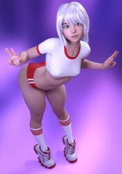 ass blue_eyes damz gym_uniform original_character peace_sign pose small_breasts sneakers white_hair