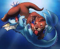 69 blue_eyes blush brown_eyes brown_fur cum duo eeveelution fingering fur hair haychel knot male mammal mustelid nintendo oral otter pokémon_(species) pokemon sex simple_background underwater vaporeon video_games water yaoi