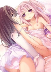 2girls 54hao :o between_legs black_hair blue_eyes blush breasts cameltoe dress eye_contact female from_behind hand_on_thigh highres long_hair looking_at_another lying multiple_girls nipples on_back on_bed open_mouth original panties panties_around_leg pillow pink_hair purple_eyes pussy side_ponytail small_breasts thighhighs underwear undressing white_dress white_panties yuri