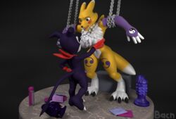 2016 3d ass bacn balls blush bondage breasts buttplug canine chains condom digimon dildo duo female forced fox grope impmon male mammal nipples nude open_mouth penis rape renamon renamon_(bacn) sex_toy simple_background straight