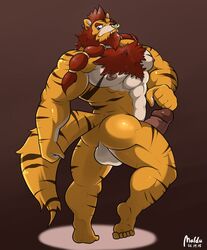 anthro ass balls canine feline fur hybrid king liger ligerwolf maldu male male_only mammal marxeen muscular pecs penis pose royalty showing_off solo tiger wolf