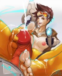 breasts brown_hair feet female foot_fetish footjob footjob_with_legwear male nipples overwatch penis short_hair solo_(artist) straight toe_socks toes tracer