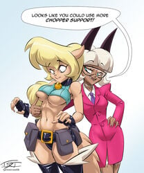 2d anthro breast_poke callie_briggs clothing_swap costume_switch crossover furry hardtones interchange_clothes nadia_fortune office_lady simple_background skullgirls swat_kats underboob