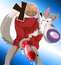 2018 animal_genitalia animal_penis anthro balls canine canine_penis cereal_mascot chip_the_wolf clothed clothing cookie_crisp cum digital_media_(artwork) erection fur knot looking_at_viewer male male_only mammal penis simple_background skittleytwix smile solo standing text