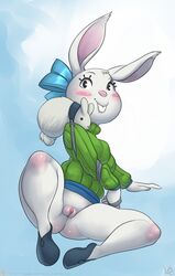 anthro atryl bottomless bottomless_skirt brother brother_and_sister buckteeth bunbun_npc_(undertale) cinnamon_(undertale) clothed clothing duo female feral half-dressed lagomorph leash looking_at_viewer mammal pet pussy rabbit sibling sister sweater teeth undertale upskirt video_games