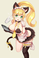 apron blonde_hair blush breasts cat_ears cat_girl cleavage female green_eyes large_breasts maid nyaongssi plate ponytail solo standing tail tie tied_hair