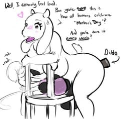 1boy 1girls anthro artificial_vagina dickgirl dildo edit frisk furry futanari intersex male monochrome partially_colored penis penis_milking sex_toy testicles tex text toriel undertale wide_hips