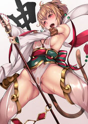 anchira_(granblue_fantasy) blonde_hair breasts female granblue_fantasy heart heart-shaped_pupils highres looking_at_viewer miyashiro_nana-san_yonban monkey_tail nipples open_mouth pussy_juice red_eyes see-through short_hair solo staff sweat symbol-shaped_pupils tail