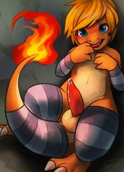 armwear balls blue_eyes blush charmander clothing erection fangs fire haychel legwear lizard looking_at_viewer male male_only nintendo open_mouth penis pokémon_(species) pokemon precum reptile scalie simple_background solo stockings tapering_penis tongue video_games